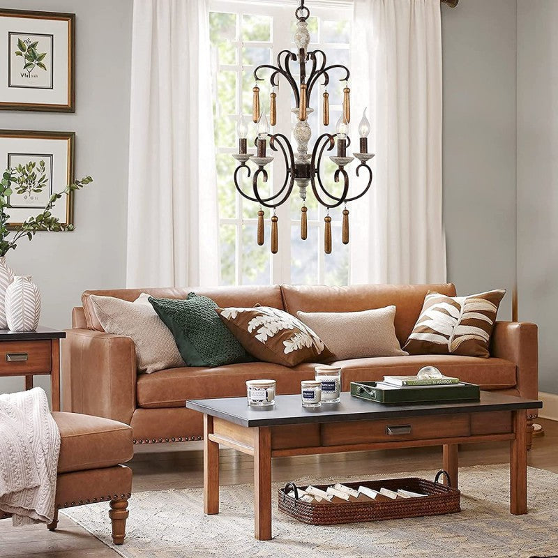 Traditional Rustic Distressed Solid Wood Curved Iron Candelabra 5-Light Chandelier For Living Room