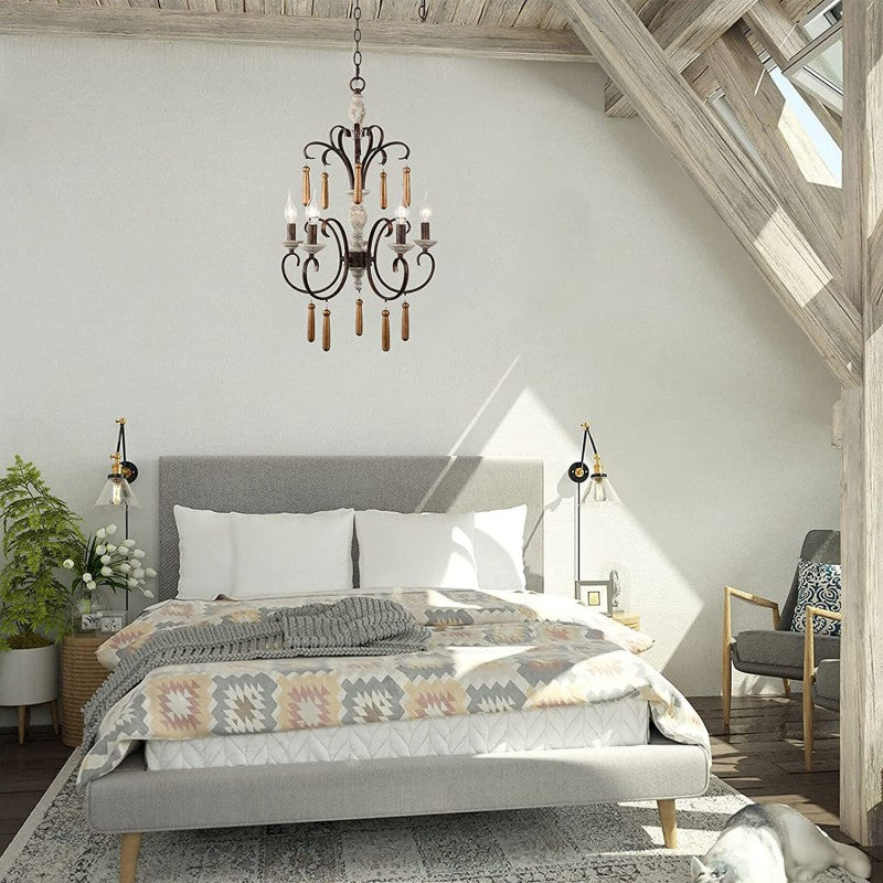 Traditional Rustic Distressed Solid Wood Curved Iron Candelabra 5-Light Chandelier For Living Room
