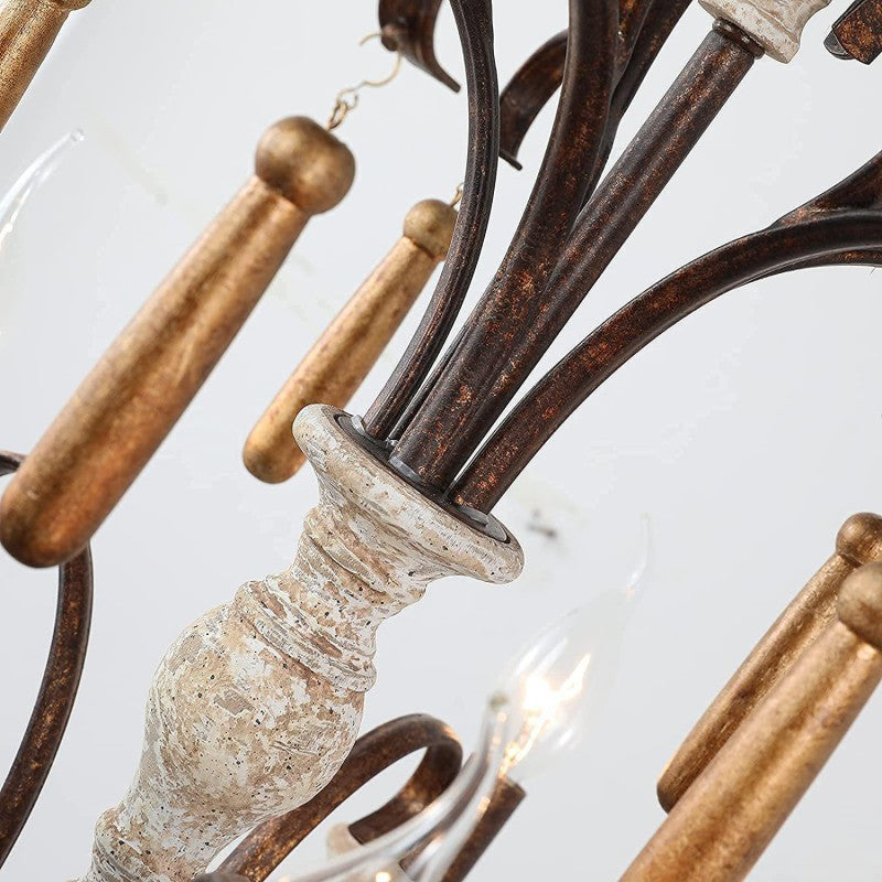 Traditional Rustic Distressed Solid Wood Curved Iron Candelabra 5-Light Chandelier For Living Room