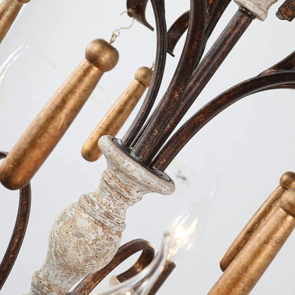 Traditional Rustic Distressed Solid Wood Curved Iron Candelabra 5-Light Chandelier For Living Room