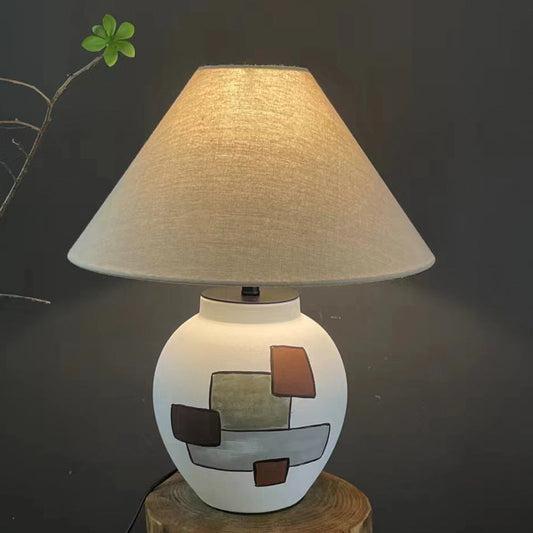 Traditional Japanese Fabric Conical Shade Ceramic 1-Light Table Lamp For Bedroom