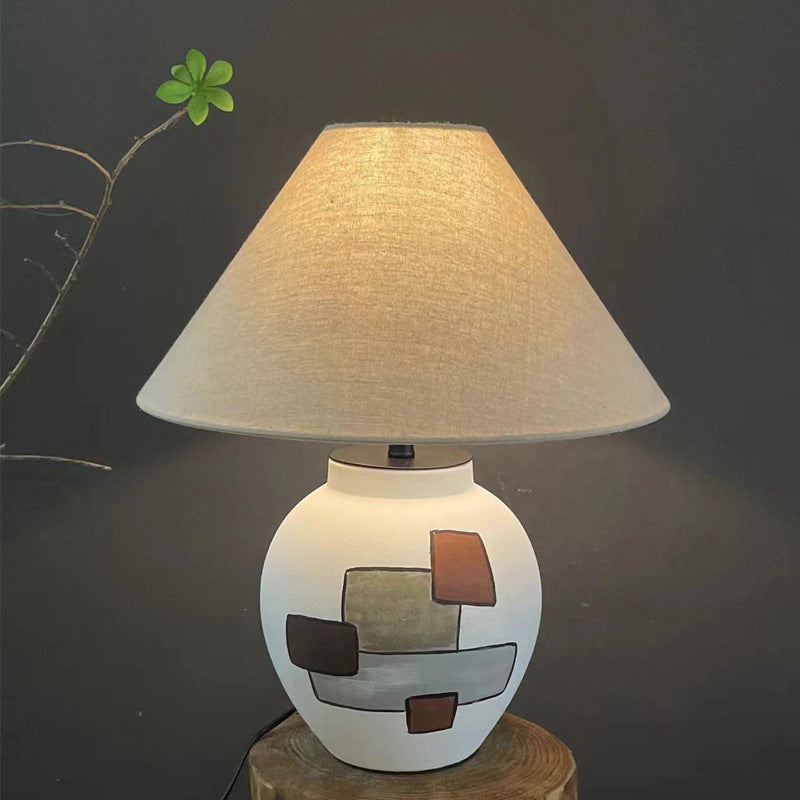 Traditional Japanese Fabric Conical Shade Ceramic 1-Light Table Lamp For Bedroom