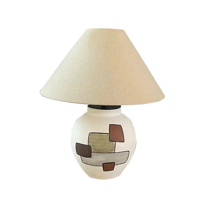 Traditional Japanese Fabric Conical Shade Ceramic 1-Light Table Lamp For Bedroom