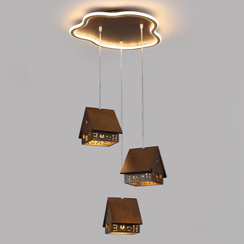 Contemporary Creative Solid Wood Cabin Iron Aluminum Cloud Shade LED Pendant Light For Living Room