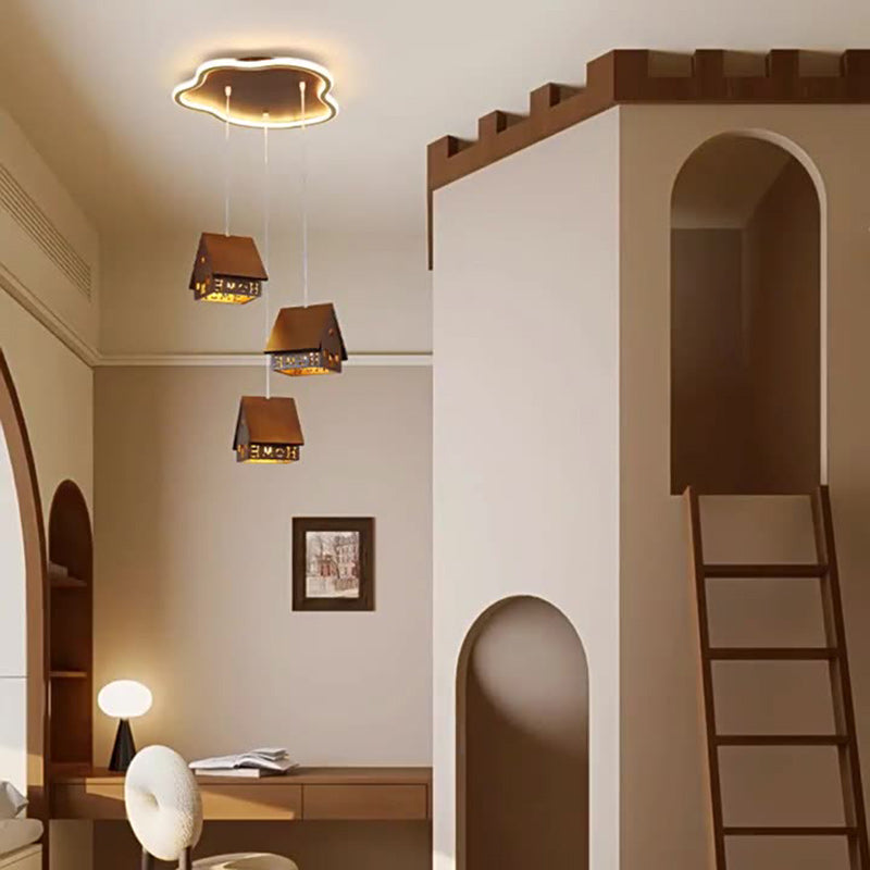 Contemporary Creative Solid Wood Cabin Iron Aluminum Cloud Shade LED Pendant Light For Living Room