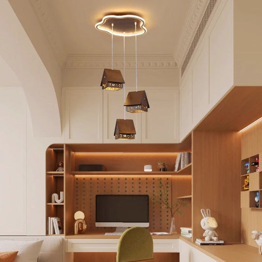 Contemporary Creative Solid Wood Cabin Iron Aluminum Cloud Shade LED Pendant Light For Living Room