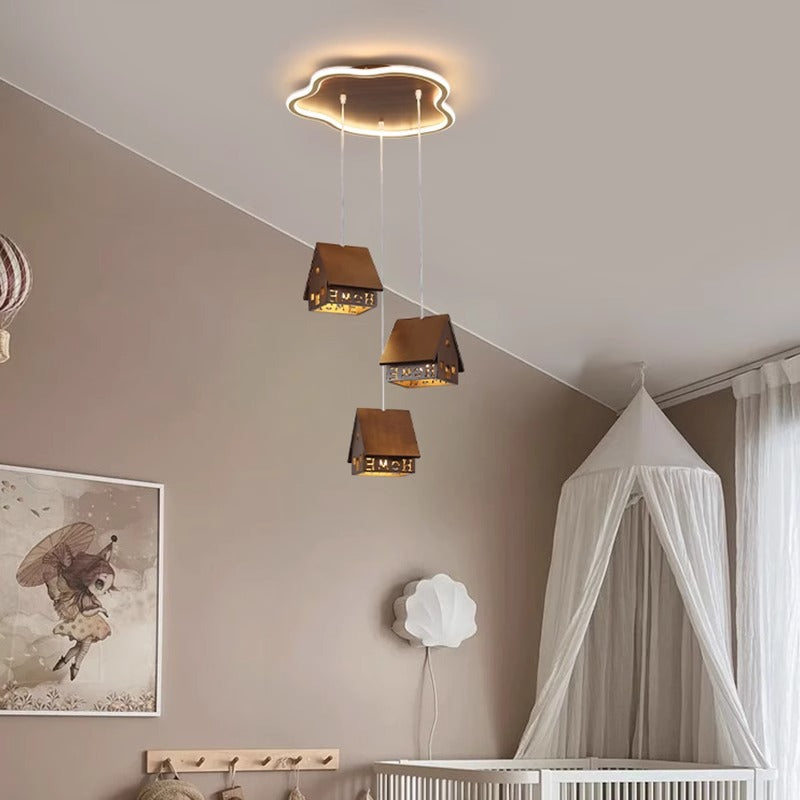 Contemporary Creative Solid Wood Cabin Iron Aluminum Cloud Shade LED Pendant Light For Living Room