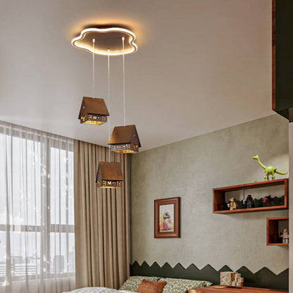 Contemporary Creative Solid Wood Cabin Iron Aluminum Cloud Shade LED Pendant Light For Living Room