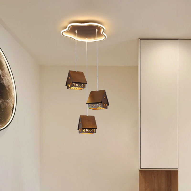 Contemporary Creative Solid Wood Cabin Iron Aluminum Cloud Shade LED Pendant Light For Living Room