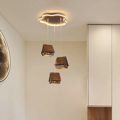 Contemporary Creative Solid Wood Cabin Iron Aluminum Cloud Shade LED Pendant Light For Living Room