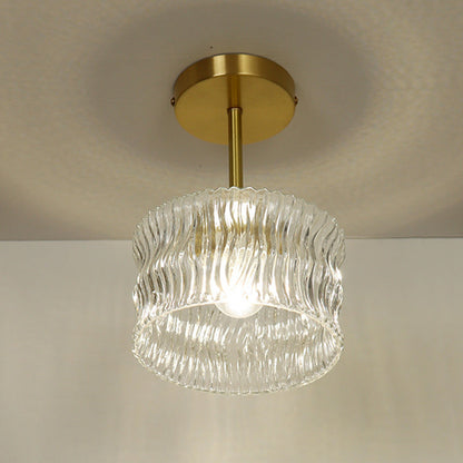 Contemporary Luxury Brass Water Ripple Glass Cylinder 1-Light Semi-Flush Mount Ceiling Light For Living Room