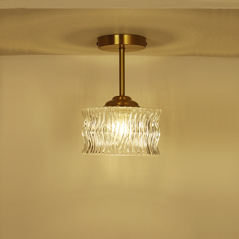 Contemporary Luxury Brass Water Ripple Glass Cylinder 1-Light Semi-Flush Mount Ceiling Light For Living Room