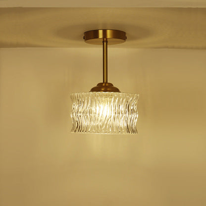 Contemporary Luxury Brass Water Ripple Glass Cylinder 1-Light Semi-Flush Mount Ceiling Light For Living Room