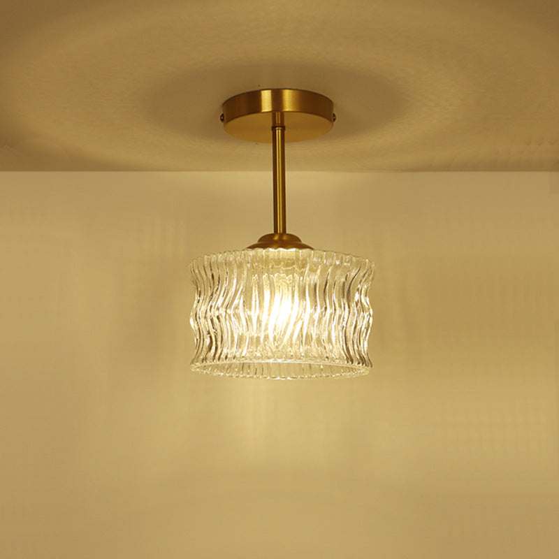 Contemporary Luxury Brass Water Ripple Glass Cylinder 1-Light Semi-Flush Mount Ceiling Light For Living Room