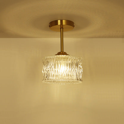 Contemporary Luxury Brass Water Ripple Glass Cylinder 1-Light Semi-Flush Mount Ceiling Light For Living Room