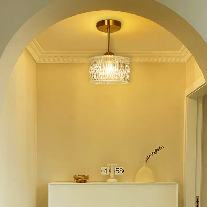Contemporary Luxury Brass Water Ripple Glass Cylinder 1-Light Semi-Flush Mount Ceiling Light For Living Room