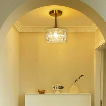 Contemporary Luxury Brass Water Ripple Glass Cylinder 1-Light Semi-Flush Mount Ceiling Light For Living Room