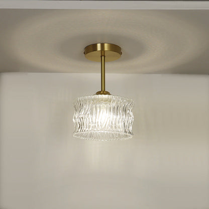 Contemporary Luxury Brass Water Ripple Glass Cylinder 1-Light Semi-Flush Mount Ceiling Light For Living Room