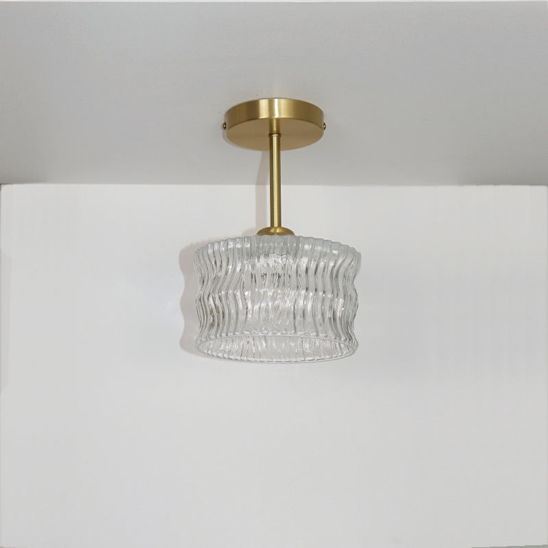 Contemporary Luxury Brass Water Ripple Glass Cylinder 1-Light Semi-Flush Mount Ceiling Light For Living Room