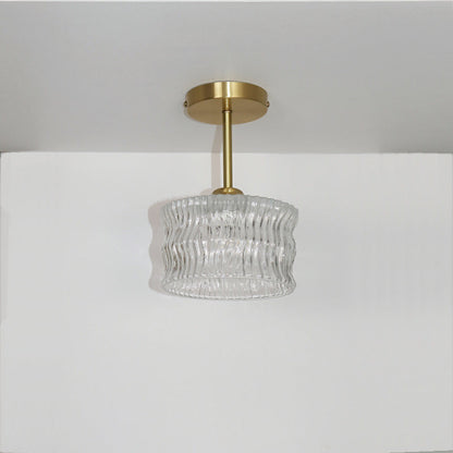 Contemporary Luxury Brass Water Ripple Glass Cylinder 1-Light Semi-Flush Mount Ceiling Light For Living Room