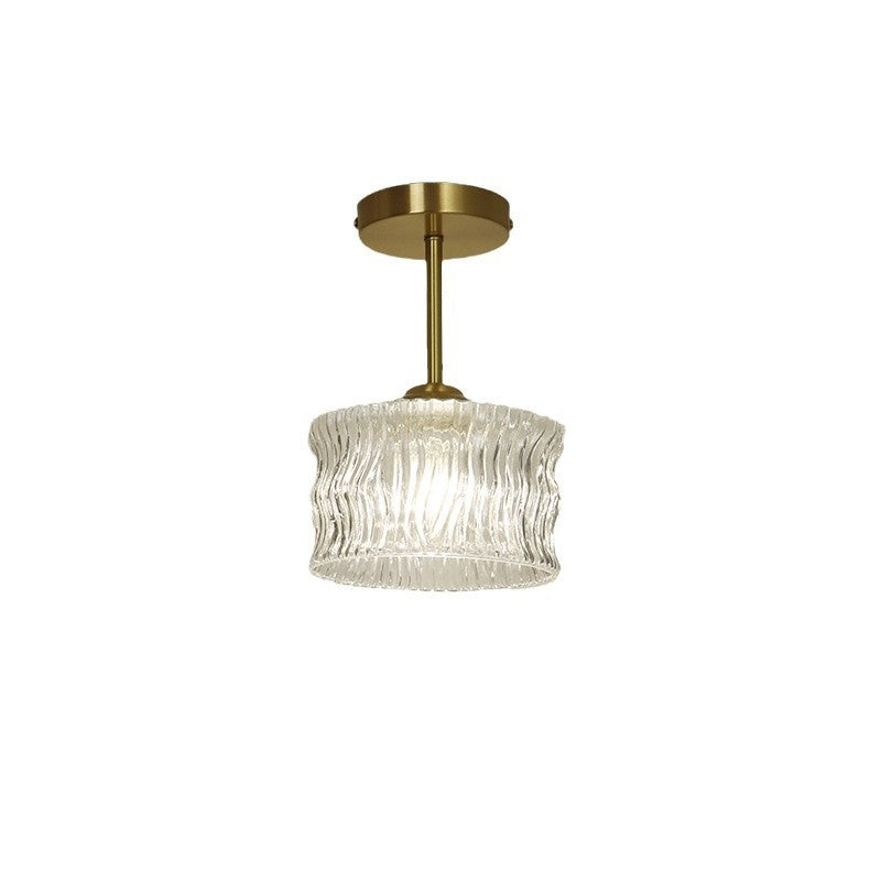 Contemporary Luxury Brass Water Ripple Glass Cylinder 1-Light Semi-Flush Mount Ceiling Light For Living Room