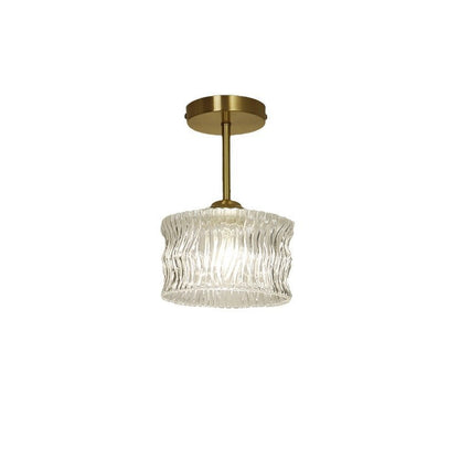 Contemporary Luxury Brass Water Ripple Glass Cylinder 1-Light Semi-Flush Mount Ceiling Light For Living Room