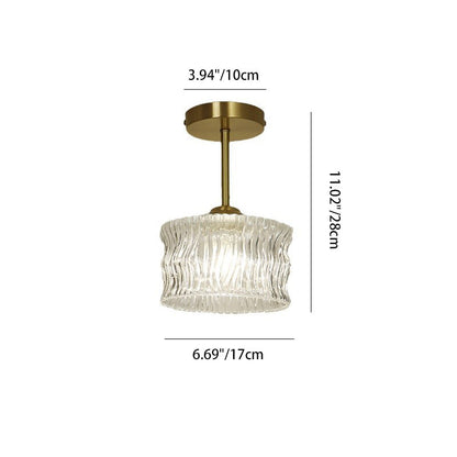 Contemporary Luxury Brass Water Ripple Glass Cylinder 1-Light Semi-Flush Mount Ceiling Light For Living Room
