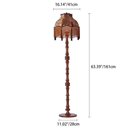 Traditional European Fabric Tassel Shade Solid Wood Rod 1-Light Standing Floor Lamp For Bedroom