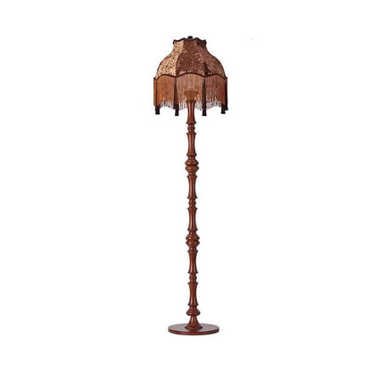 Traditional European Fabric Tassel Shade Solid Wood Rod 1-Light Standing Floor Lamp For Bedroom