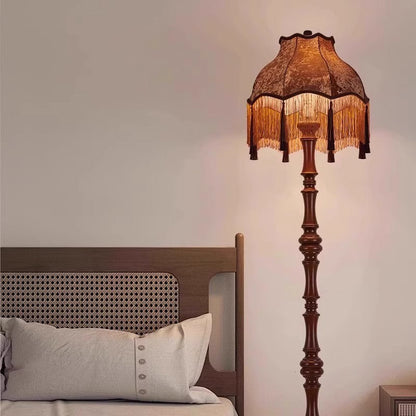 Traditional European Fabric Tassel Shade Solid Wood Rod 1-Light Standing Floor Lamp For Bedroom