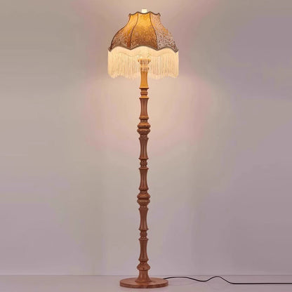 Traditional European Fabric Tassel Shade Solid Wood Rod 1-Light Standing Floor Lamp For Bedroom