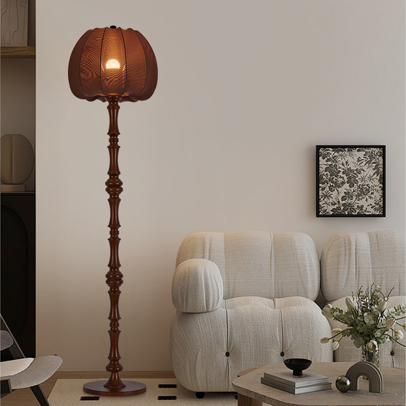 Traditional Vintage Fabric Pumpkin Shade Solid Wood 1-Light Standing Floor Lamp For Bedroom