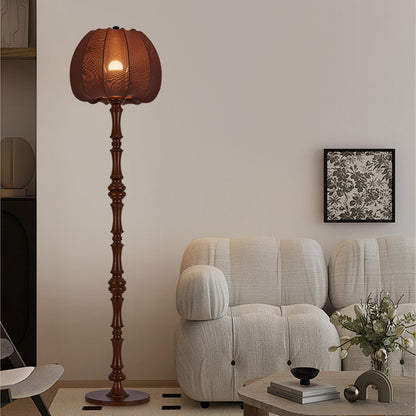 Traditional Vintage Fabric Pumpkin Shade Solid Wood 1-Light Standing Floor Lamp For Bedroom