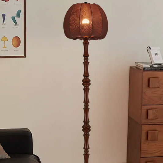 Traditional Vintage Fabric Pumpkin Shade Solid Wood 1-Light Standing Floor Lamp For Bedroom