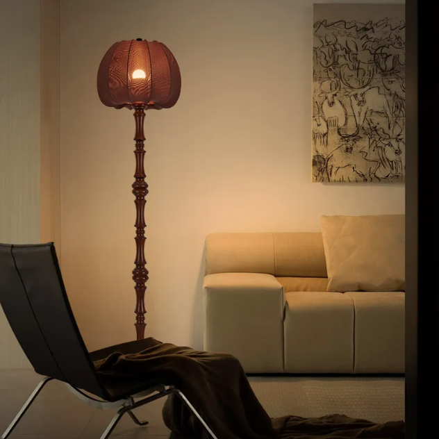 Traditional Vintage Fabric Pumpkin Shade Solid Wood 1-Light Standing Floor Lamp For Bedroom