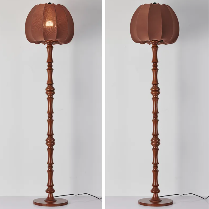Traditional Vintage Fabric Pumpkin Shade Solid Wood 1-Light Standing Floor Lamp For Bedroom