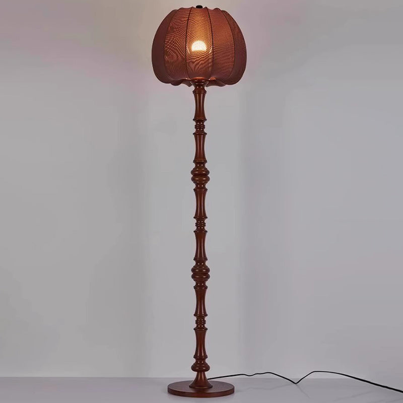 Traditional Vintage Fabric Pumpkin Shade Solid Wood 1-Light Standing Floor Lamp For Bedroom