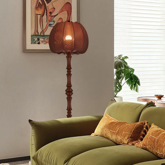 Traditional Vintage Fabric Pumpkin Shade Solid Wood 1-Light Standing Floor Lamp For Bedroom