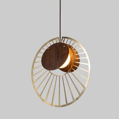 Contemporary Nordic Walnut Wood Grain Hardware Round Frame 1-Light Pendant Light For Living Room