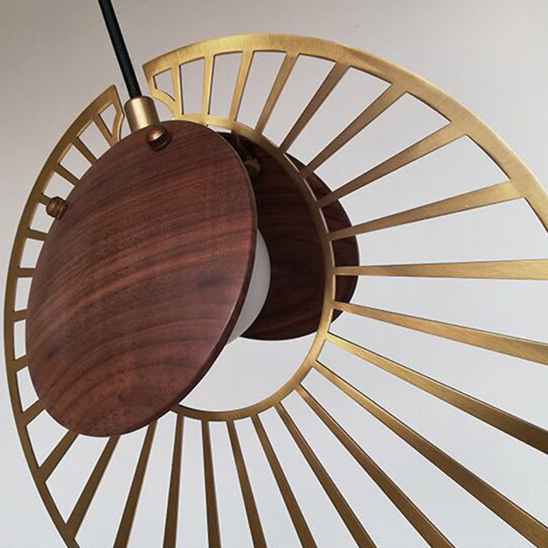 Contemporary Nordic Walnut Wood Grain Hardware Round Frame 1-Light Pendant Light For Living Room