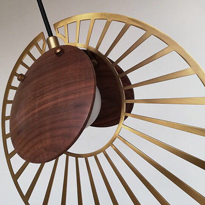 Contemporary Nordic Walnut Wood Grain Hardware Round Frame 1-Light Pendant Light For Living Room
