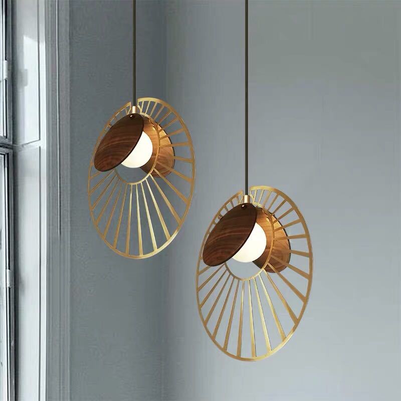 Contemporary Nordic Walnut Wood Grain Hardware Round Frame 1-Light Pendant Light For Living Room