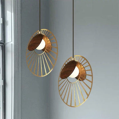 Contemporary Nordic Walnut Wood Grain Hardware Round Frame 1-Light Pendant Light For Living Room
