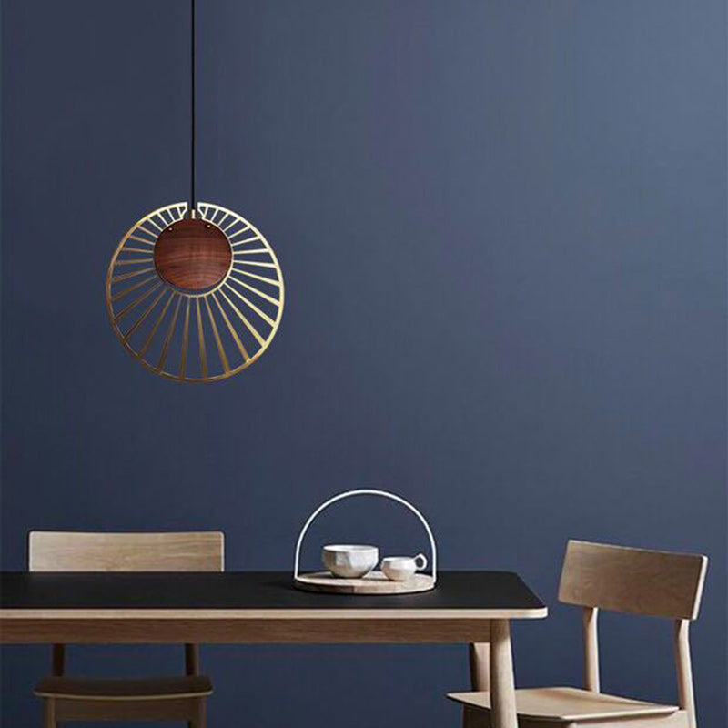 Contemporary Nordic Walnut Wood Grain Hardware Round Frame 1-Light Pendant Light For Living Room