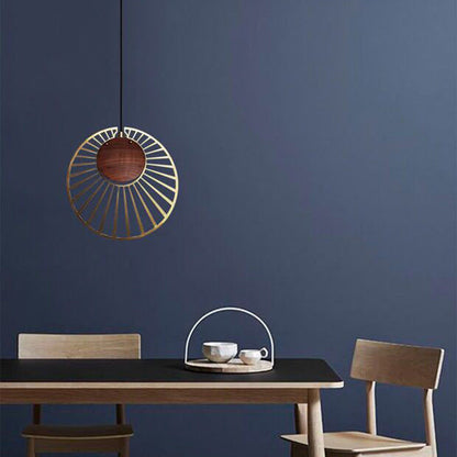 Contemporary Nordic Walnut Wood Grain Hardware Round Frame 1-Light Pendant Light For Living Room