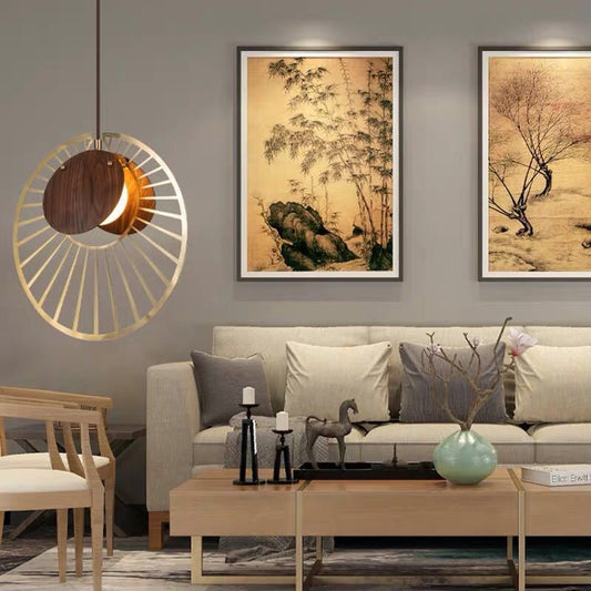 Contemporary Nordic Walnut Wood Grain Hardware Round Frame 1-Light Pendant Light For Living Room