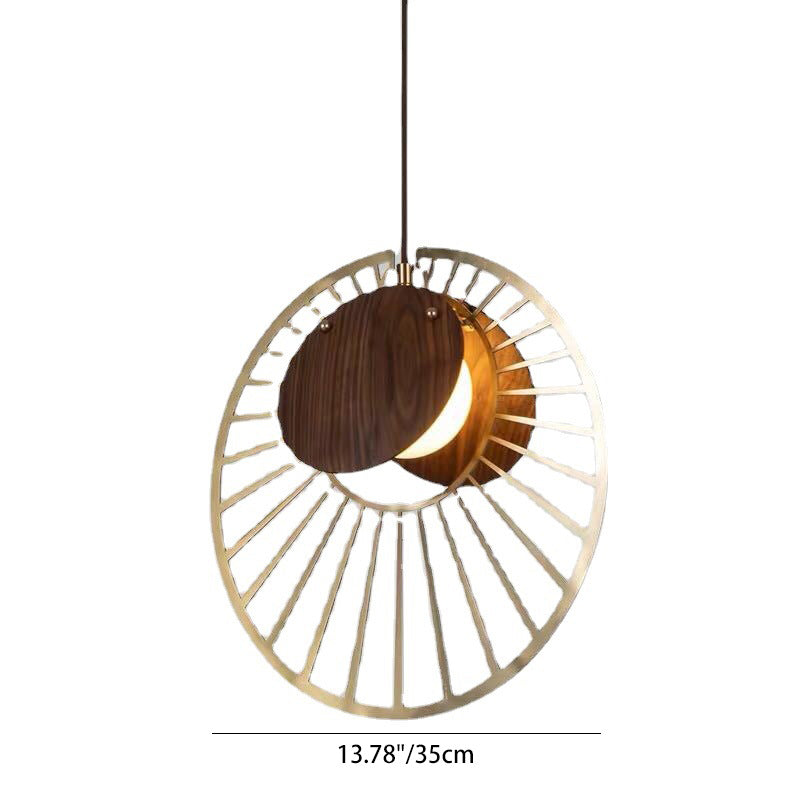 Contemporary Nordic Walnut Wood Grain Hardware Round Frame 1-Light Pendant Light For Living Room
