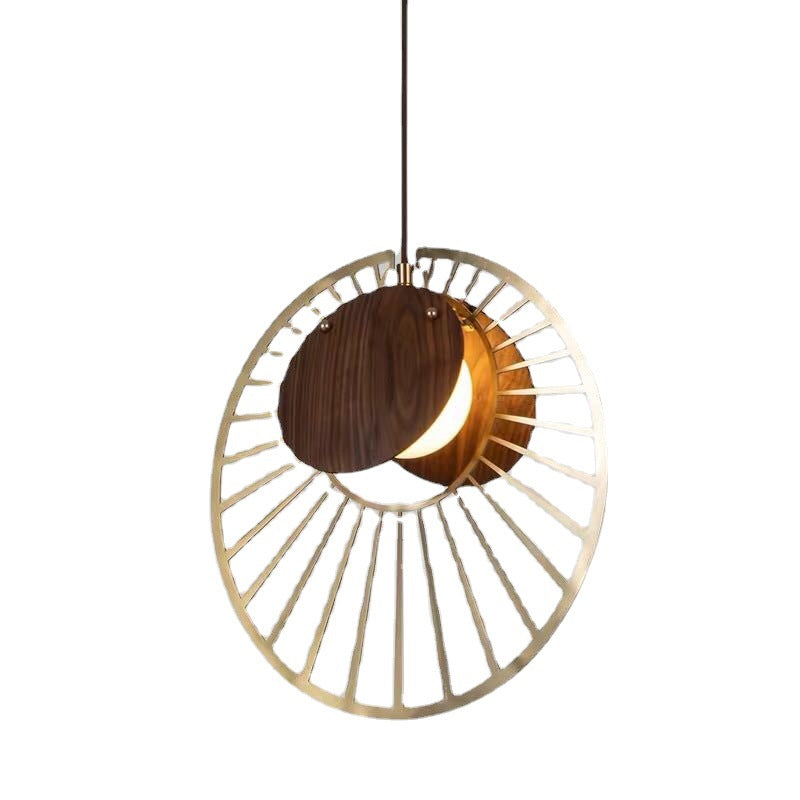 Contemporary Nordic Walnut Wood Grain Hardware Round Frame 1-Light Pendant Light For Living Room