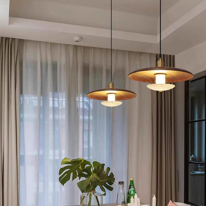 Modern Minimalist Marble Solid Wood Flying Saucer 1-Light Pendant Light For Living Room