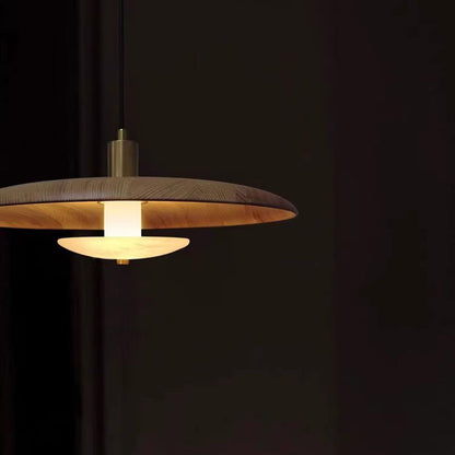 Modern Minimalist Marble Solid Wood Flying Saucer 1-Light Pendant Light For Living Room